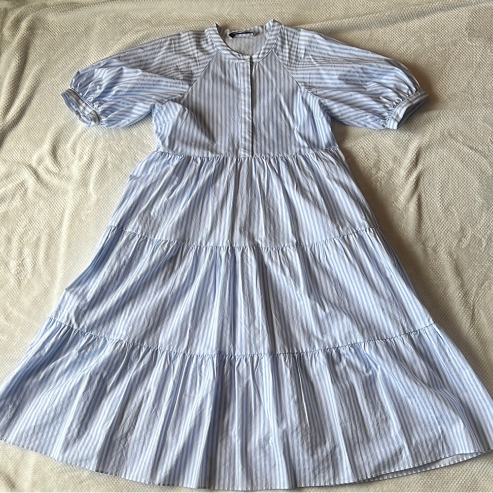 English Factory Blue and White Striped Peasant Dress